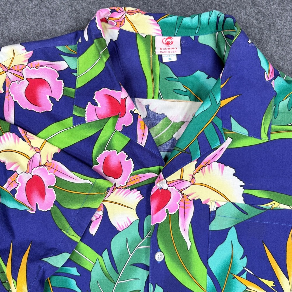 Scorpio Mens XL Tropical Floral Button Up Shirt Blue Pink Orchid Made in USA